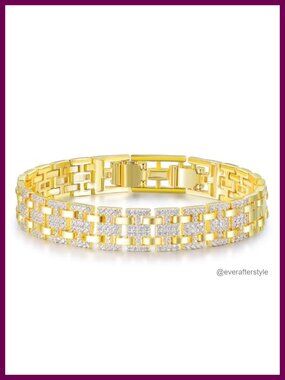 18k Gold Plated Cubic Zirconia Watch Link Bracelet 7mm Unisex